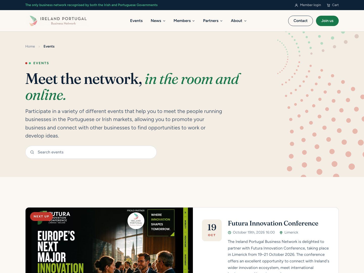 The events page, with the next conference and booking